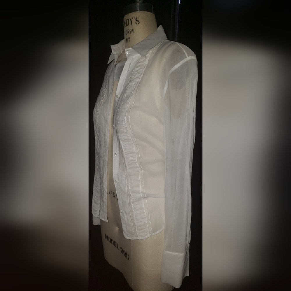 Elie Tahari white 100% cotton semi sheer fitted tailored ruffle blouse top M - Picture 5 of 9